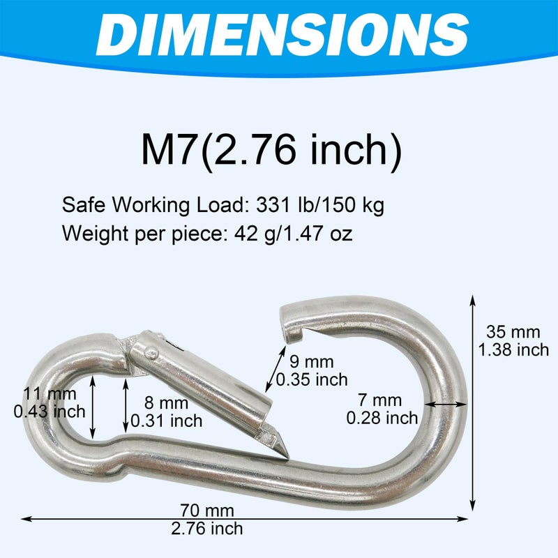 Outmate Marine Grade 316 Stainless Steel Carabiners -2.76 inch Heavy Duty, Durable & Rust-Free Clips for Gym, Swing, Dog Leashes, Hammocks, Keychains, and More(316 M7,Pack of 6) - Image 3